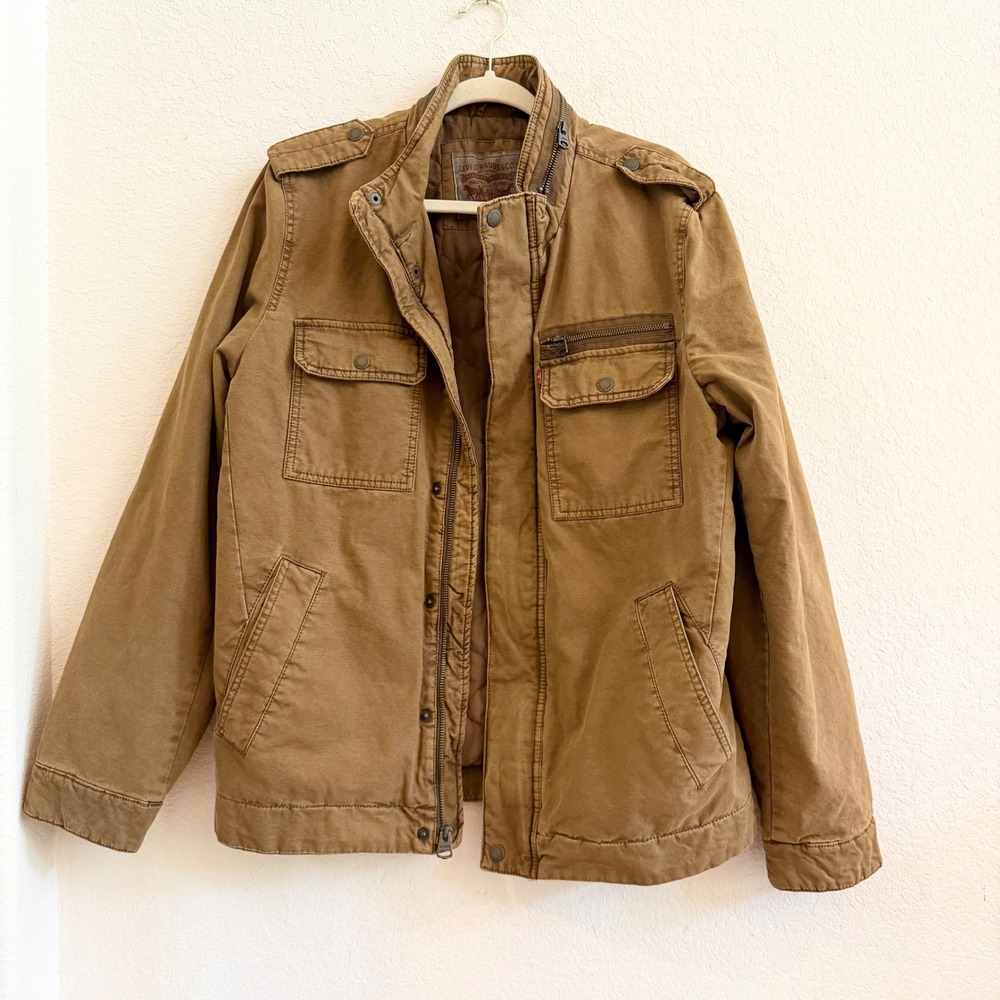 Levis Mens Brown Cotton Quilted Lined Military Field Trucker Jacket Brown Size L
